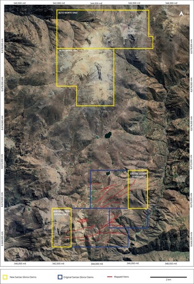 Figure 2 – Santas Gloria Silver Property with New Concessions covering the strike extensions of the Tembladera, San Jorge and Rosaria vein systems.  The Northern Concessions cover a large zone of clay alteration that represents the uppermost parts of an intermediate sulphidation epithermal system. (CNW Group/Mantaro Silver Corp.)