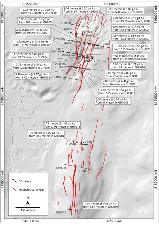 Figure 2: Planview map showing 2022 drillholes at La Escarcha and Gabby with highlight intercepts. (CNW Group/Mantaro Precious Metals Corp.)