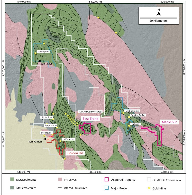 Figure 1: Geological map of the San Ramon Greenstone Belt highlighting the East Trend and Medio Sur Property locations in relation to Golden Hill (CNW Group/Mantaro Precious Metals Corp.)